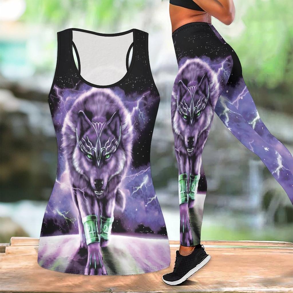 Йога-комплект с принтом «Тотем волка» для женщин Модные леггинсы для тренировок Фитнес Спортивный повседневный набор для йоги Спортивный костюм