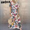 Long Dress O-Neck Casual Women's Vintage Floral Printed Loose Short Sleeve Dresses