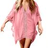 Beach Cover Up V-Neck Half Sleeve Splicing Design Bikini Swimsuit Cover Up Solid Color Beachwear Summer Accessories