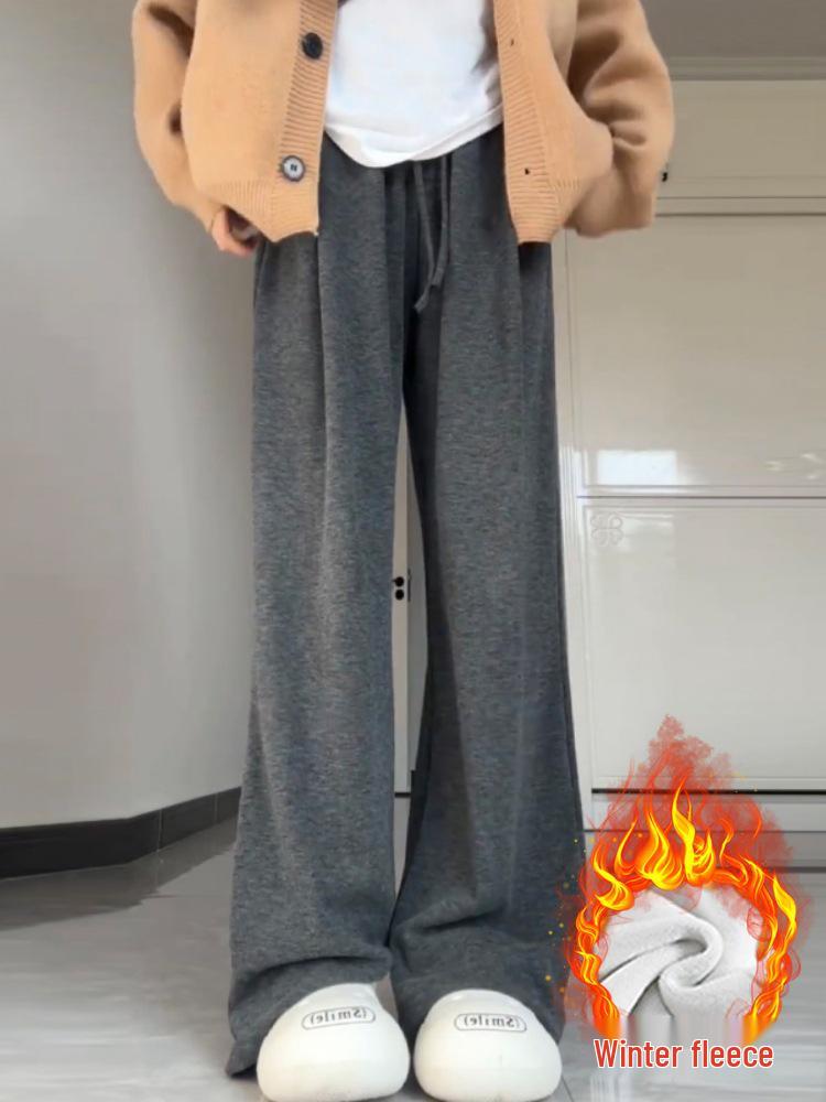 Женские темно-серые мягкие широкие брюки из клейкого риса - Весна/Осень Плюс бархат Теплые Повседневные Маленькие Длинные брюки.
