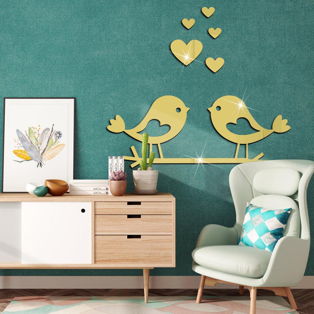 Acrylic Branch Bird Love-shape Mirror Sticker 3d Waterproof Self-adhesive Diy Valentine Day Decoration Mirror Wall Sticker