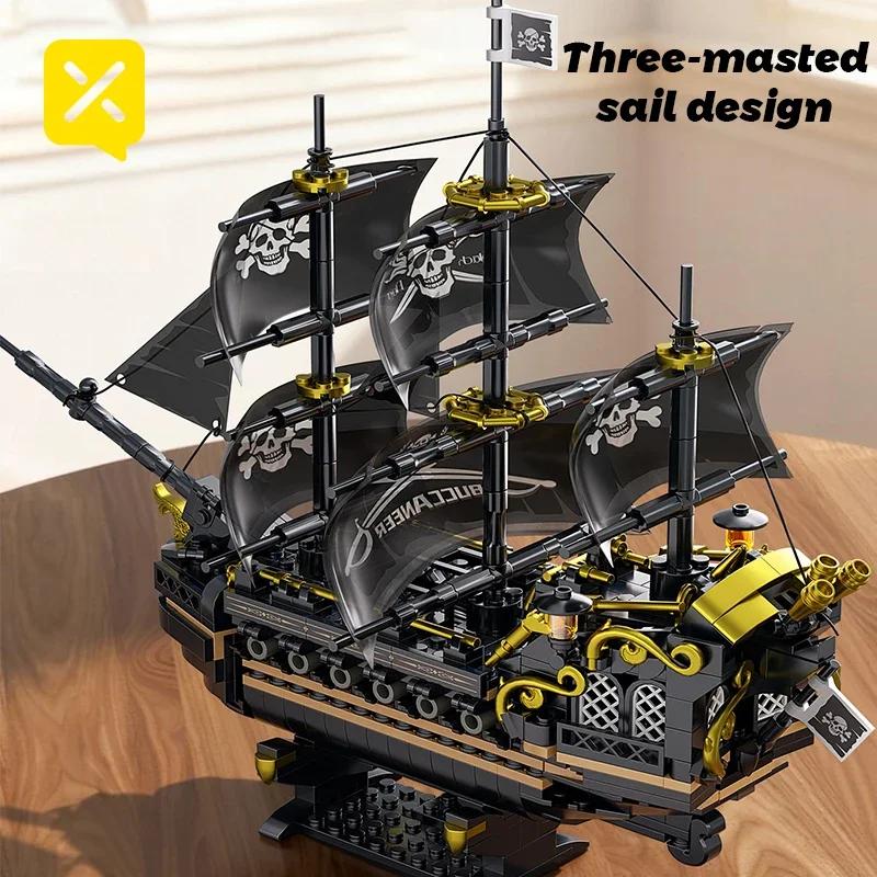 Black Sail Pirate Ship Building Blocks 3-Masted Sailboat Bricks Adult Collectible DIY Assembly Model Display Decoration Toy Gift