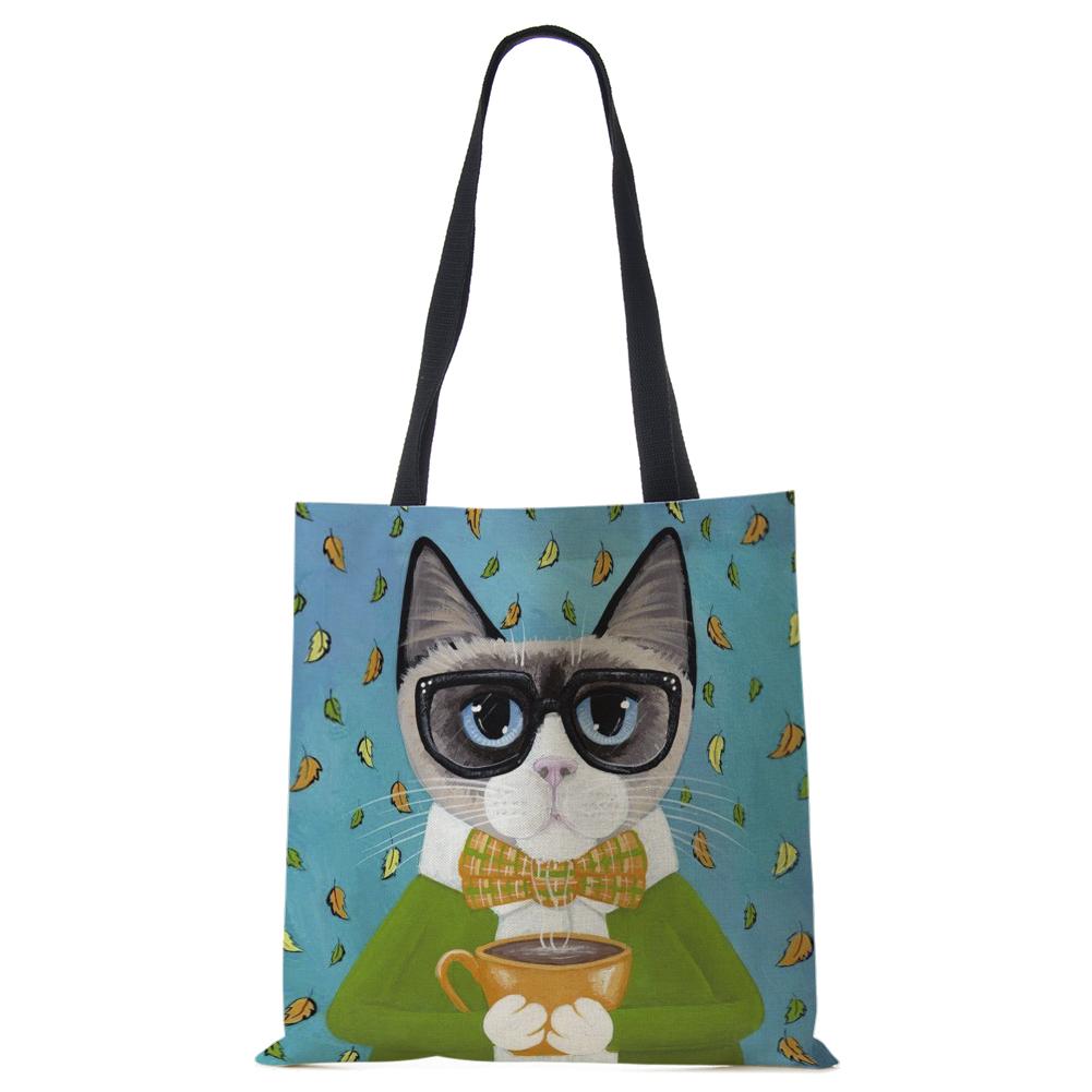 Сумка на плечо повседневная с милым принтом кошки, женская, для покупок, многоразовая, большая вместимость, холщовая, для путешествий, школы, пляжа, тоут-сумка CLE