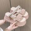 Small Person 9cm Thick Bottom Heightening Muffin Cool Slippers Female Summer New Pearl Fairy Wind Open Toe Slope Heel One-word Drag