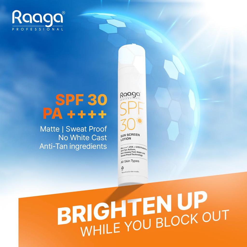 Raaga Professional Солнцезащитный лосьон SPF 30 PA++++ Защита UVA UVB Нежирный 55 мл Упаковка 1 шт.