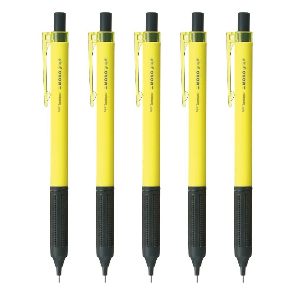 Механический карандаш Tombow Mono Graph Lite 0,5 мм Неоновый желтый, 5 шт., Чертежный карандаш с тонким грифелем и высокоточным ластиком, SH-MGL53-5P