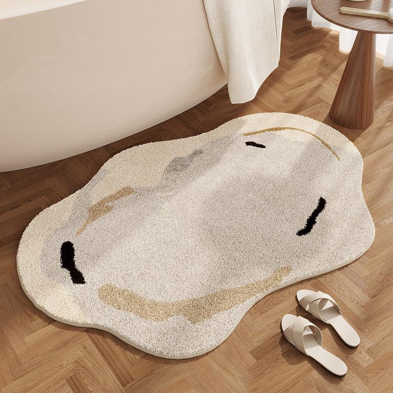 Wavy Cloud Irregular Bath Mat Non Slip Washable Absorbent Plush Rug Neutral Tone Bathroom Bedroom Floor Decor