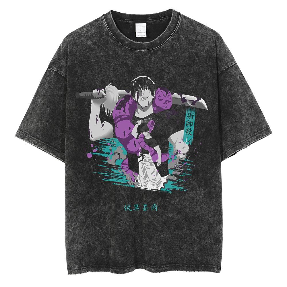 Anime Jujutsu Kaisen Print T Shirt Men Summer Zenin Maki Streetwear Tshirt Oversized Vintage Washed Short Sleeve Casual Tshirt