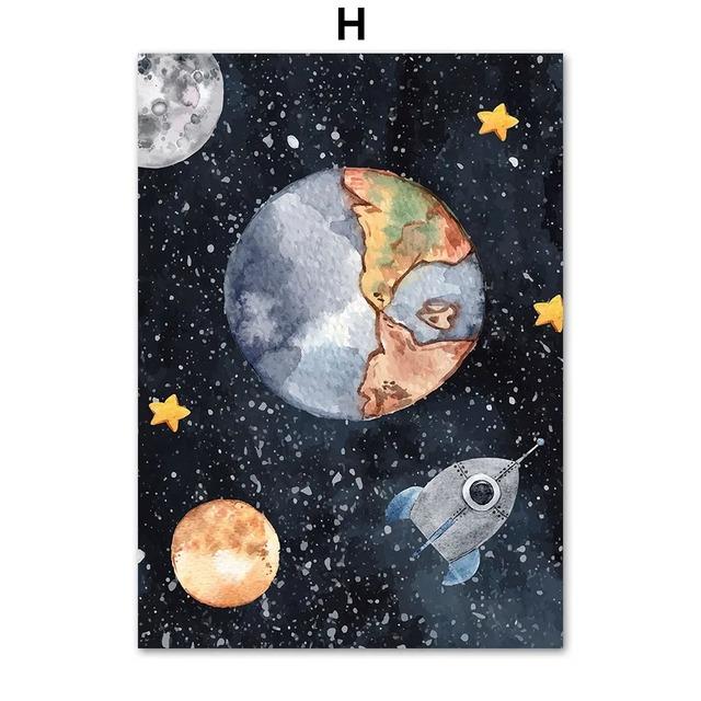 1Pcs Wall Art Canvas Painting Cartoon Astronaut Interior Paintings Living Room Home Decor Space Numbers Letters Kindergarten No Frame