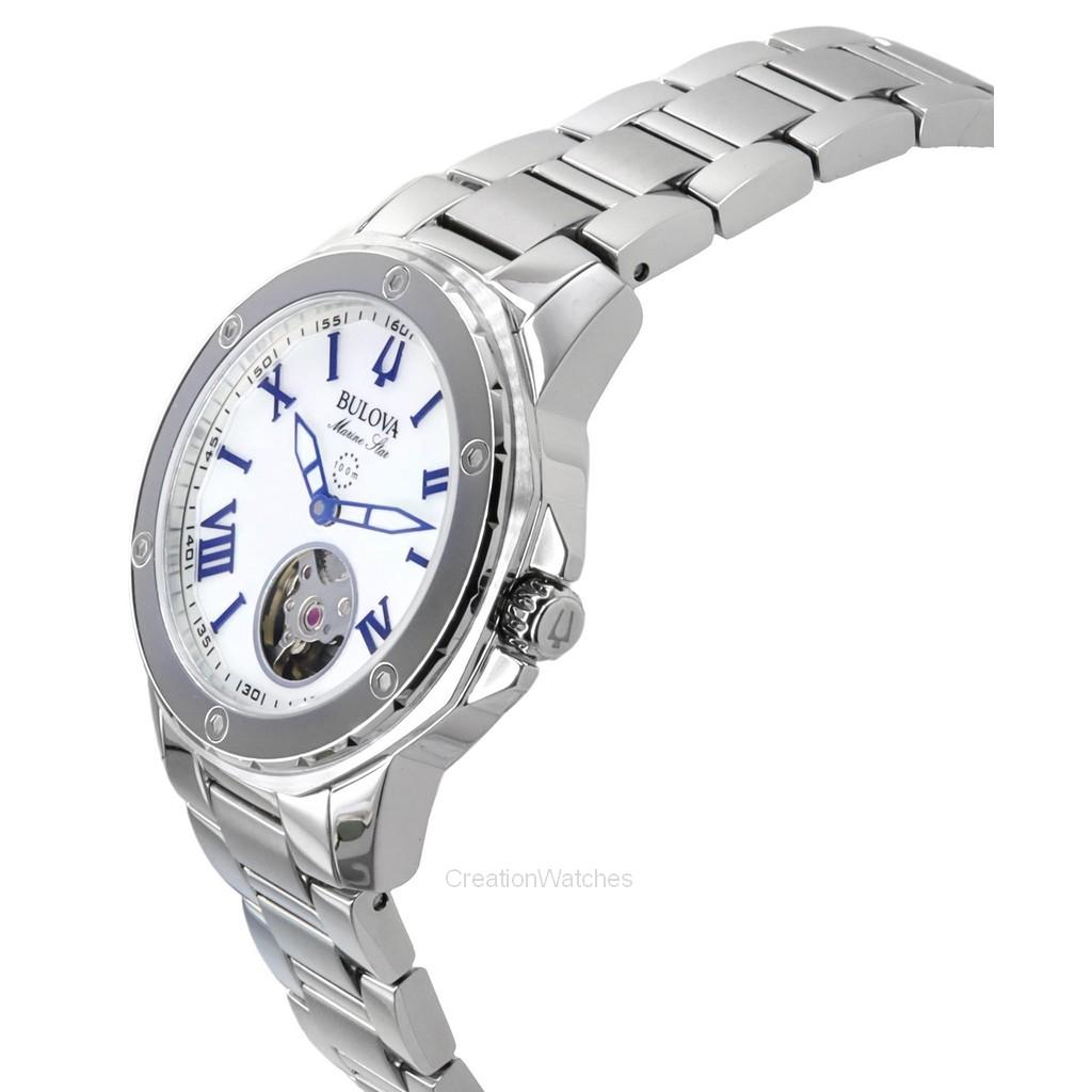 BULOVA Часы женские Marine Star из нержавеющей стали с перламутровым циферблатом, автоматические 96L326, 100 м