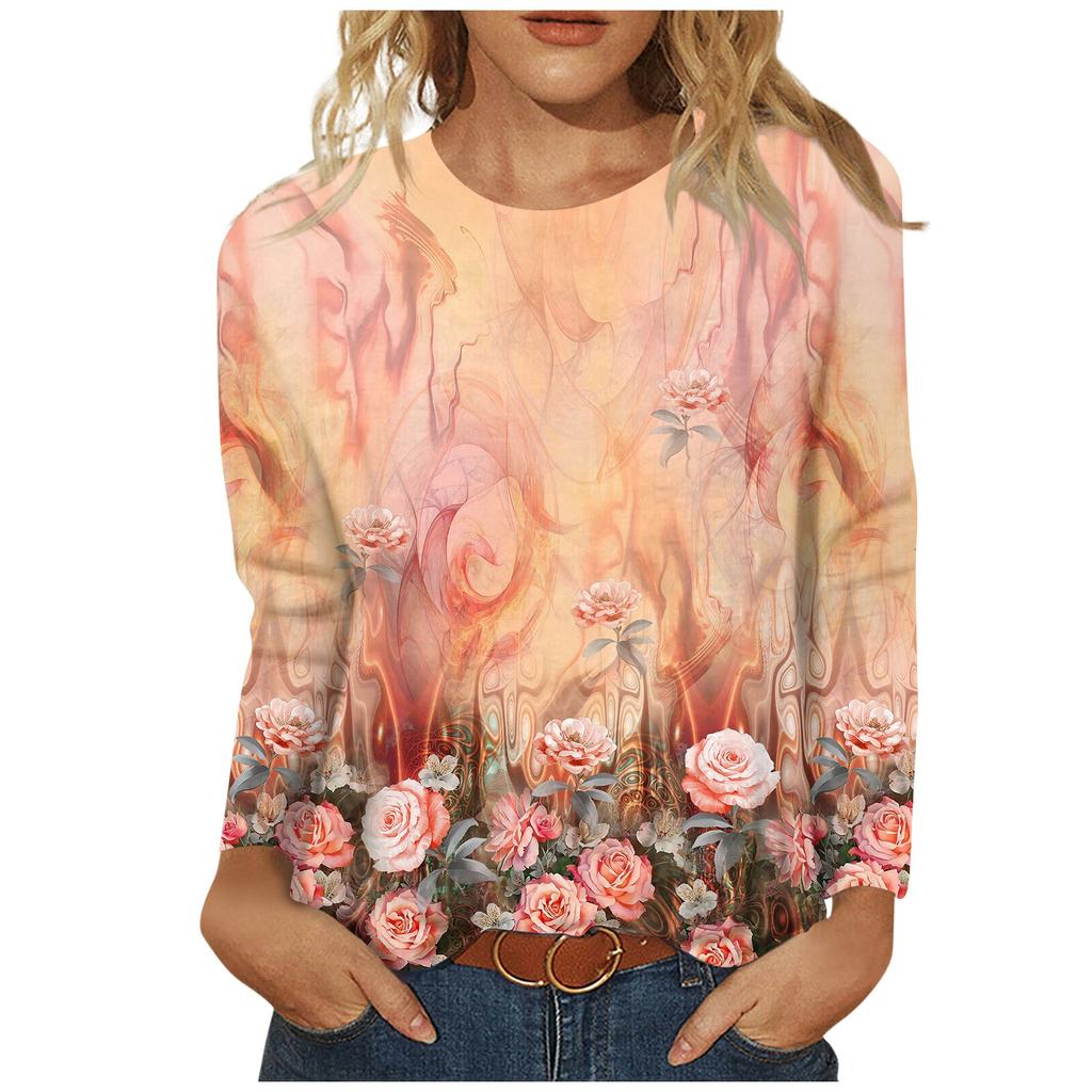 Женская мода повседневная с длинным рукавом и принтом с круглым вырезом, топ-пуловер, блузка, топы для женщин, женские топы и блузки 2024 года, нарядные топы