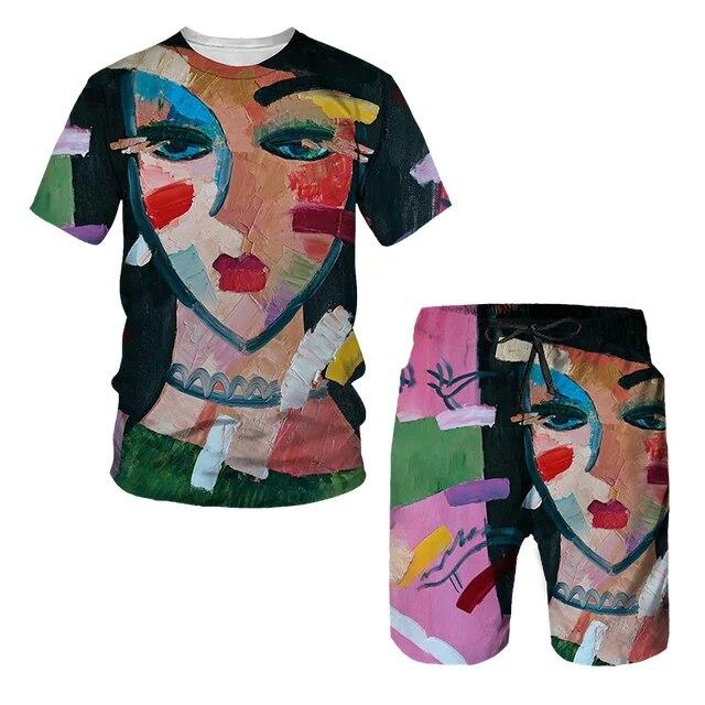 Мужской спортивный комплект, состоящий из 2 предметов, пляжный повседневный спортивный костюм с короткими рукавами и принтом, футболки с абстрактным узором, шорты с эластичной резинкой на талии, брюки, комплекты спортивных костюмов