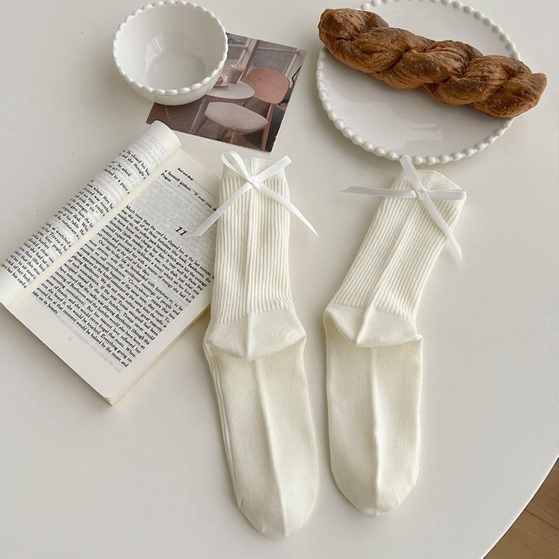 Womens Cotton Mid-Calf Socks With Bow Detail Japanese Style Ribbed Crew Soft Breathable Stackable Teens Young Adults