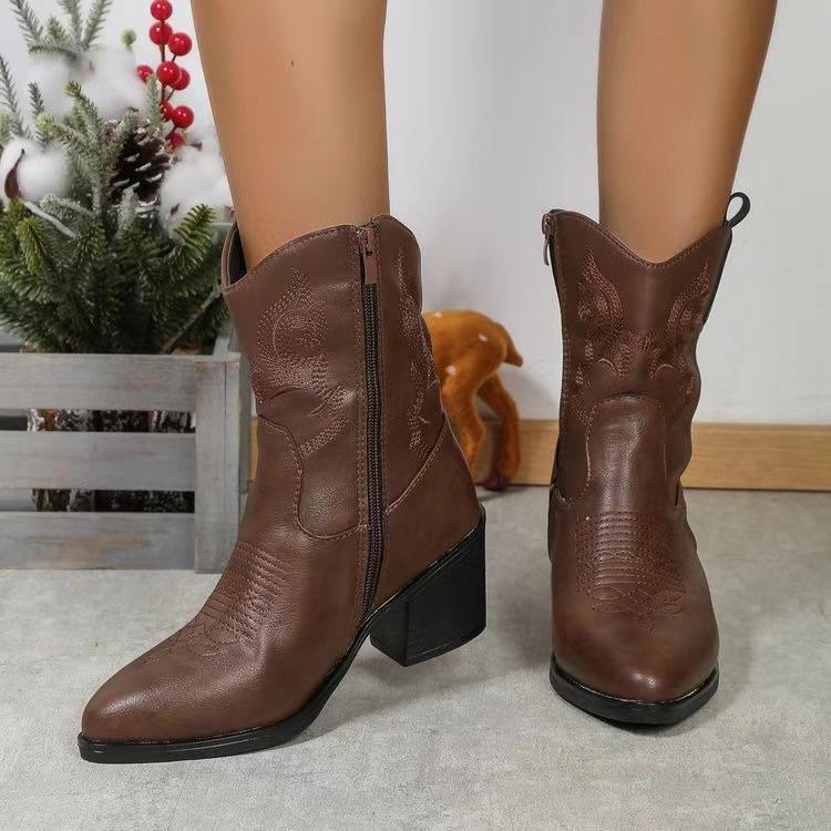 Женские кожаные сапоги большого размера с острым носком на толстом каблуке - осень/зима 2024 г., мягкая подошва, легкие и удобные