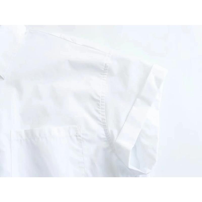 Women's Fashion Crop Poplin Shirt Women Casual Lapel Short Sleeve Pocket Front Button Versatile Female Top