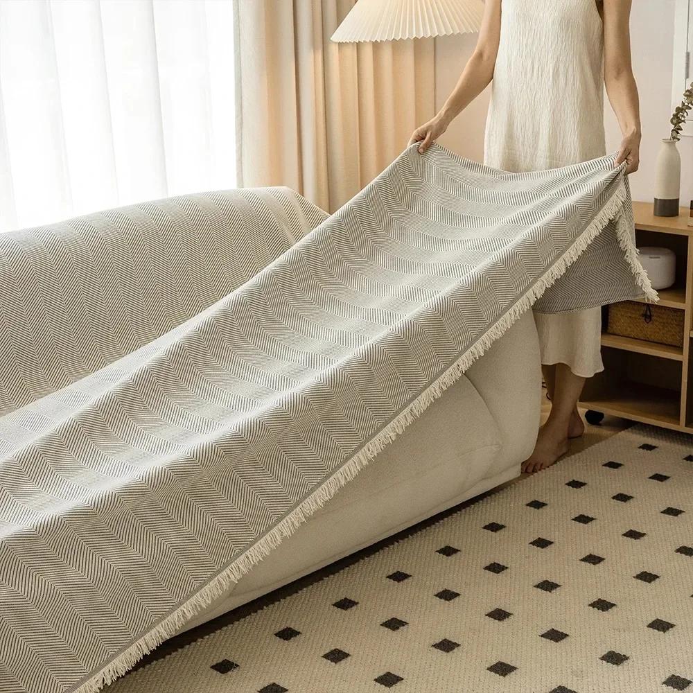 Woven Cotton Sofa Cover Blanket Solid Color Non-slip Sofa Towel for Living Room Furniture Decor Tapestry Couch Cover with Tassel
