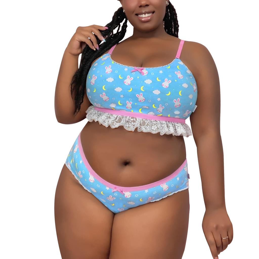 LittleForBig Bunny Lingerie Set with Star and Moon Print and Lace Cotton Size M Women's 2-Piece Ruffles, Pajamas,