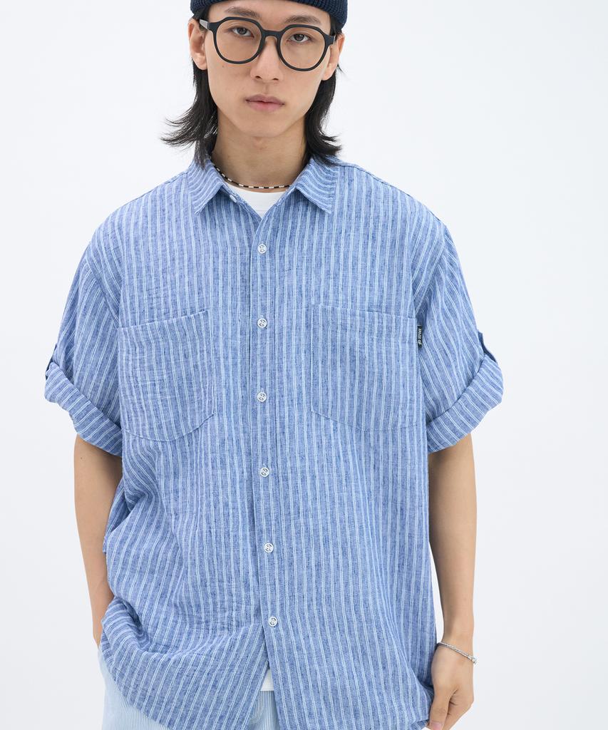 GOSTREET Semi-Oversized Striped Roll-Up Short Sleeve Shirt Blue