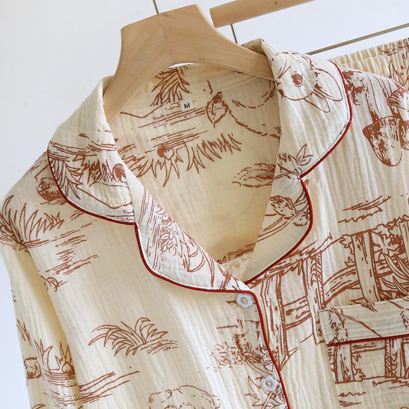 2025 Весна и Осень Женский Новый Пижамный Комплект 100% Хлопок Креп Длинные Рукава Брюки Милый Домашний Комплект Из Двух Частей Пижамы Дамы