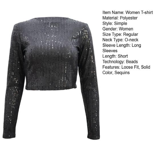 Женские укороченные топы с круглым вырезом и длинным рукавом, украшенные пайетками, футболка свободного кроя