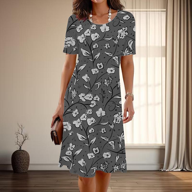 Женская мода изящный цветочный принт принт лето весна короткий рукав О-образный вырез повседневные платья
