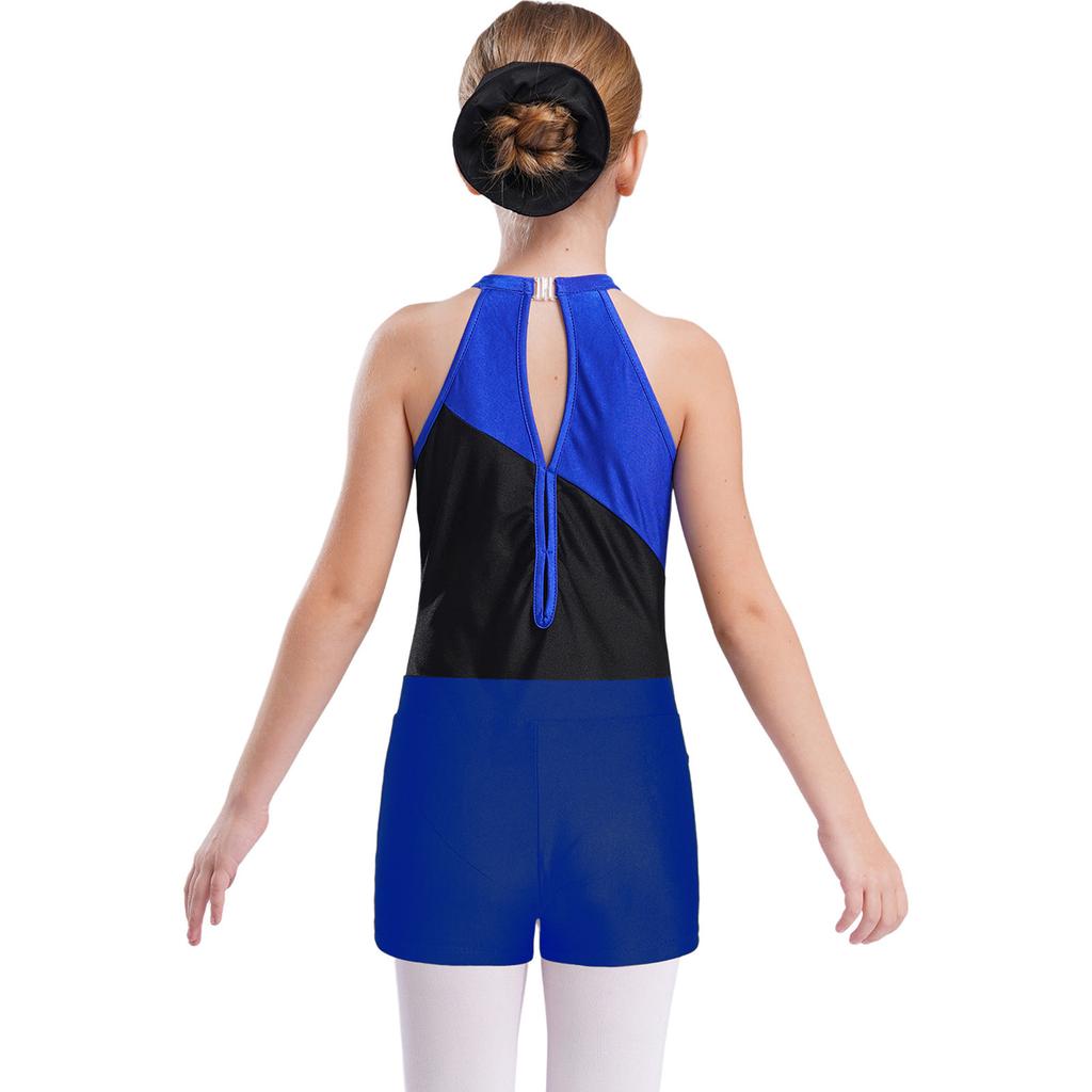 Girls Sleeveless Rhinestones Patchwork Leotard Hair Band V Front Waistband Shorts Dance Gymnastics Set