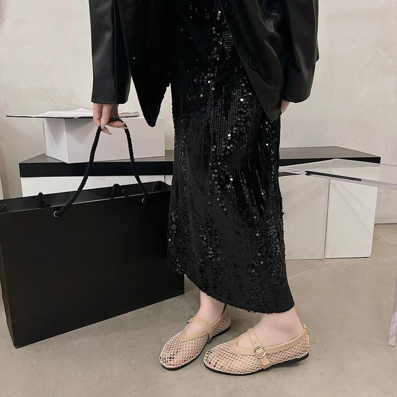 Fashion Summer, Wear Round Toe, Straight Buckles, Casual and Comfortable, Women's Flats, Cut-out Mary Jane Single Shoes,fishnet Shoes