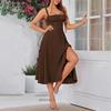 Women Dress Long Spaghetti Strap Square Sleeveless Dress Flowy A-Line Slit