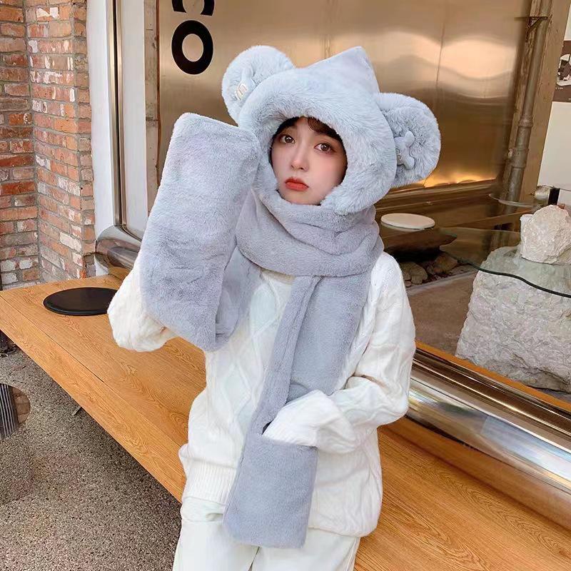 Зимний плюшевый комплект из трех предметов «Уши Микки»: Шапка, шарф и перчатки — толстые и теплые