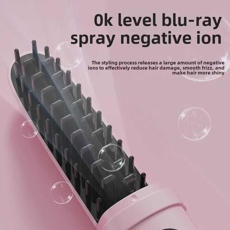 Беспроводная расческа для волос с отрицательными ионами: Двойное применение: выпрямление и завивка, безопасно для сухих и влажных волос, портативное и не повреждает волосы.