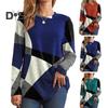 Women Geometric Patchwork Color Tops O Neck Long Sleeve Buttons Decor Casual Blouse Loose Fit Tunic Tops