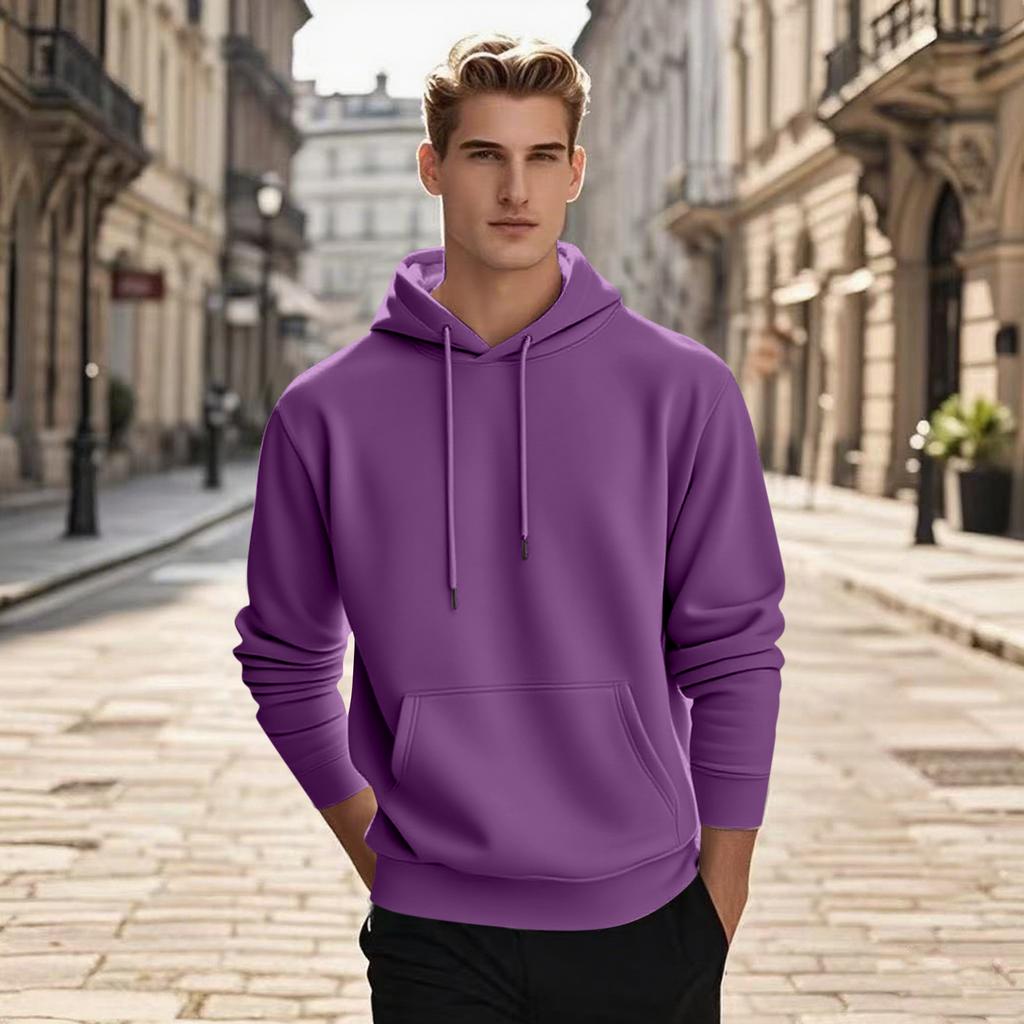Men's Pullover Hooded Sweatshirt Solid Color Round Neck Loose Hoodie Long Sleeve Top