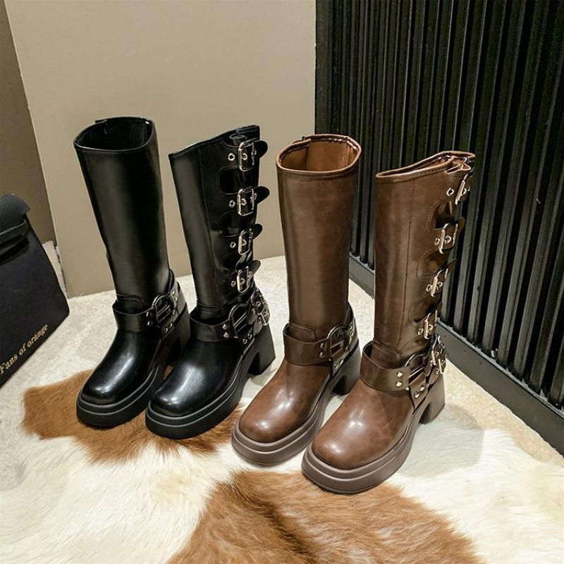 Женские сексуальные тонкие сапоги в стиле вестерн с металлической пряжкой, высокие сапоги до колена, массивные осенне-зимние новые коричневые кожаные туфли на квадратном каблуке 7,5 см