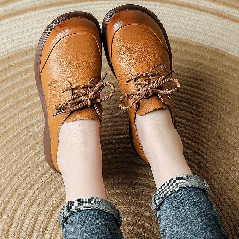 New Original Cow Leather Flats Women's Laced Up Oxford Shoes Woman Spring Luxury Loafers Ladies Moccasins Wide Toe Box Shoes