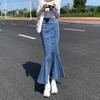 Юбка из эластичного денима, юбка-полукомбинезон, женская летняя юбка-трапеция с высокой талией, открытая юбка на бедрах, длинная юбка-рыбий хвост, женская юбка