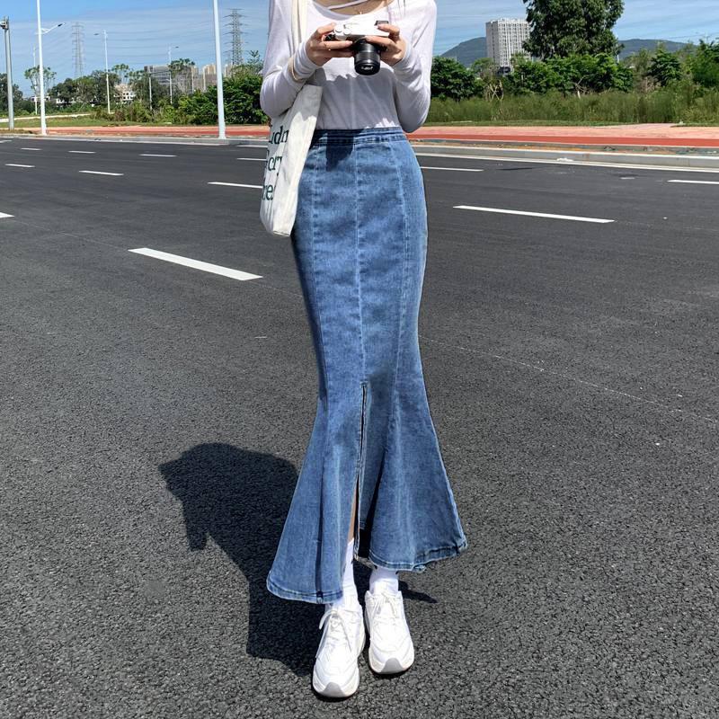 Юбка из эластичного денима, юбка-полукомбинезон, женская летняя юбка-трапеция с высокой талией, открытая юбка на бедрах, длинная юбка-рыбий хвост, женская юбка