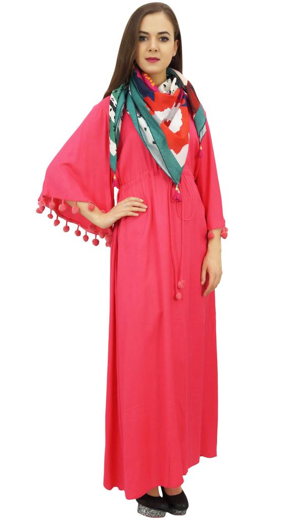 Bimba Женское повседневное платье макси с помпонами и рукавами-колокольчиками цвета морской волны с шарфом -