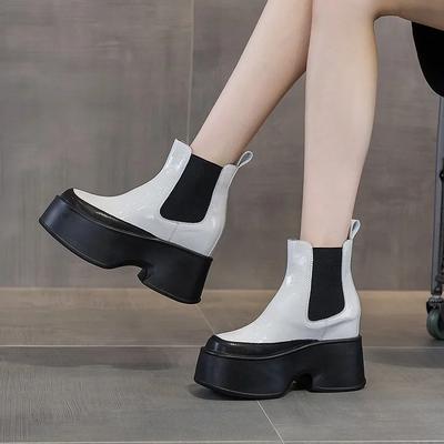 Модные 11 см ботинки до середины икры из натуральной кожи в стиле ретро для женщин, мотоциклетные ботинки на платформе, на танкетке, на шнуровке, слипоны, весенне-осенне-зимние, удобная обувь