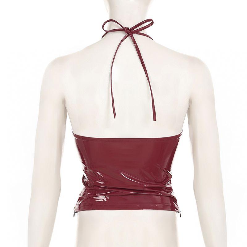 High Street Sexy Babes Chic Beauty Back Camisoles American Style PU Glossy Backless Cropped Trim Tops Fashion V-neck Red Vest