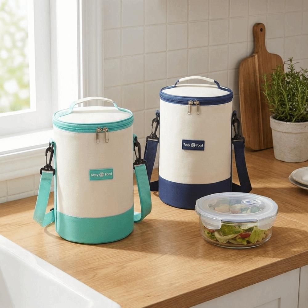 Large Capacity Cylindrical Insulated Lunch Bag Aluminum Foil Lining Lunch Box Bag School Use