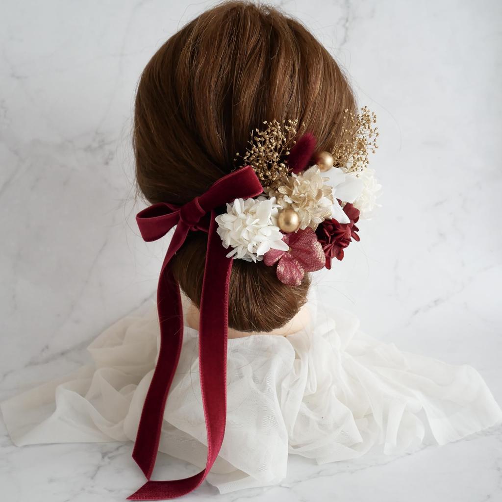 Preserved Flower Hair Velvet for and Japanese Clothing [Bria] Ornament, (Red), Coming-of-Age Ceremonies, Graduations, Weddings, Shichi-Go-San,