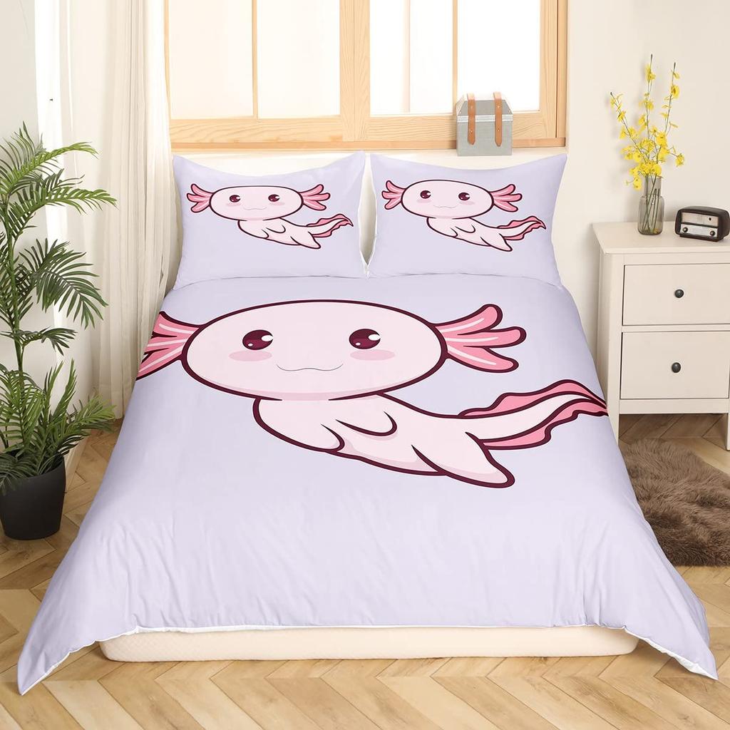 Мультяшный аксолотль Комплект пододеяльника King/Queen Size Детский Для девочек Мальчиков Милый Радужный Морская дикая природа Животное Рептилия Комплект постельного белья
