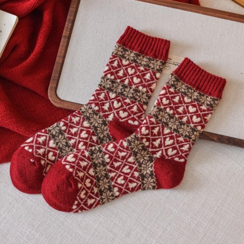 Новогодние красные носки, носки с узором «Фэр-Айл», осенне-зимние утолщенные шерстяные носки до середины икры, ромбовидные ретро