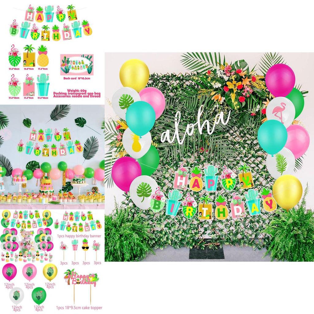 Tropical Hawaiian Flamingo Cactus Pineapple Coconut Banner For Lively Celebrations
