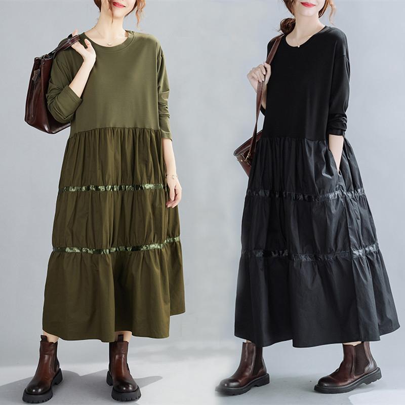 DIMANAF 2025 Весеннее Полосатое Платье Женское Повседневное Винтажное Длинное Платье Свободный Принт Макси Базовое Зеленое Черное Платье