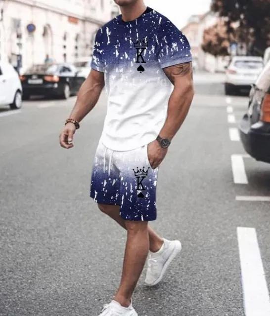 Европейский и американский мужской комплект футболок, летние шорты с 3D принтом и буквами для игральных карт, комбинированный комплект из 2 предметов с короткими рукавами, повседневный