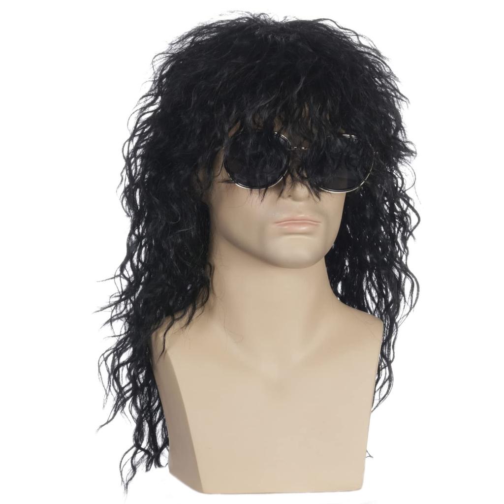 YOVEKAT Halloween Men's Black 80s Rocker Heavy Metal Punk Curly Wig Cosplay Costume Fancy Dress for Party