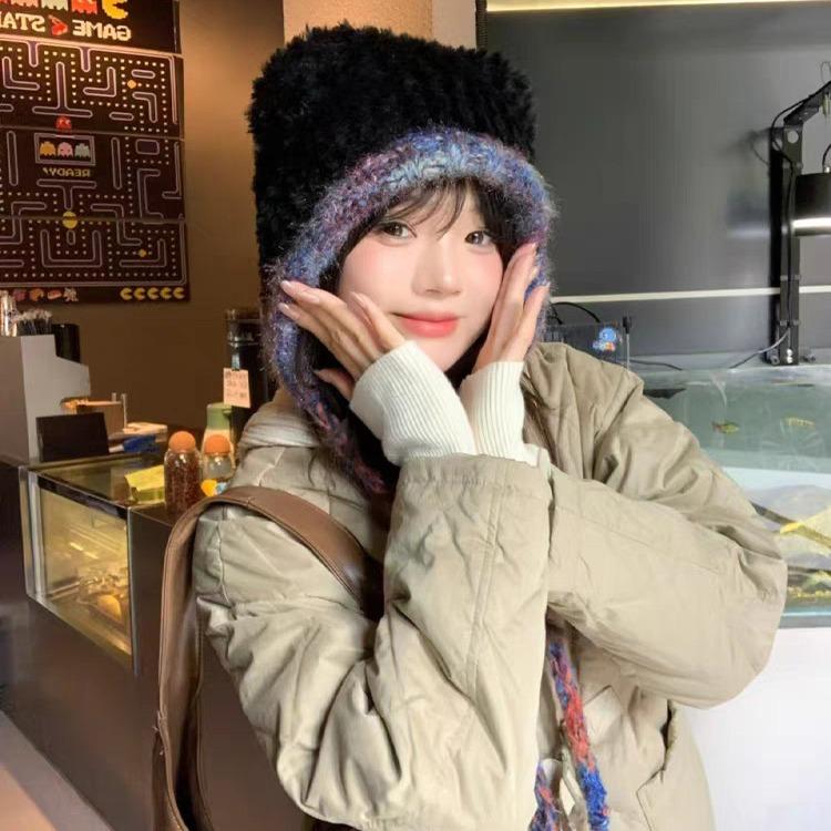Lace-Up Bear Ears Plush Hat Women'S Winter Versatile Warm Ear Protection Knitted Hat Big Head Circumference Wool Hat
