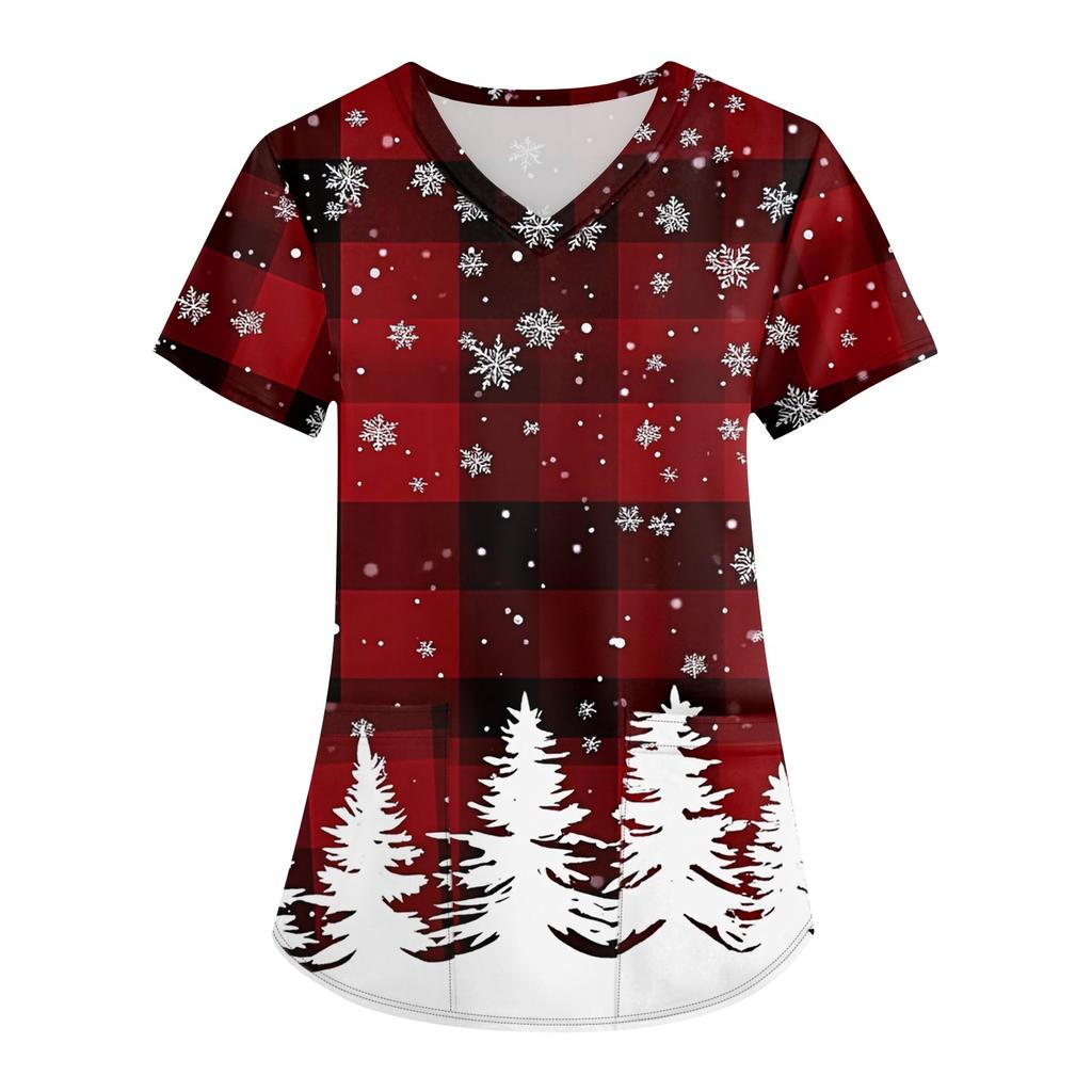 Plus Size Printed Scrub Working Uniform Tops For Women's Cross V Neck Christmas Print Short Sleeve Fun T-Shirts Workwear Tee With Pockets