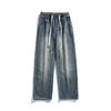 Elastic Waist Drawstring Grinding White Retro Jeans Men's Hong Kong Style Loose Straight Street Wide-leg Pants